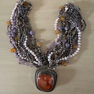 Spectacular Amber Amethyst Pearl Sterling silver necklace
